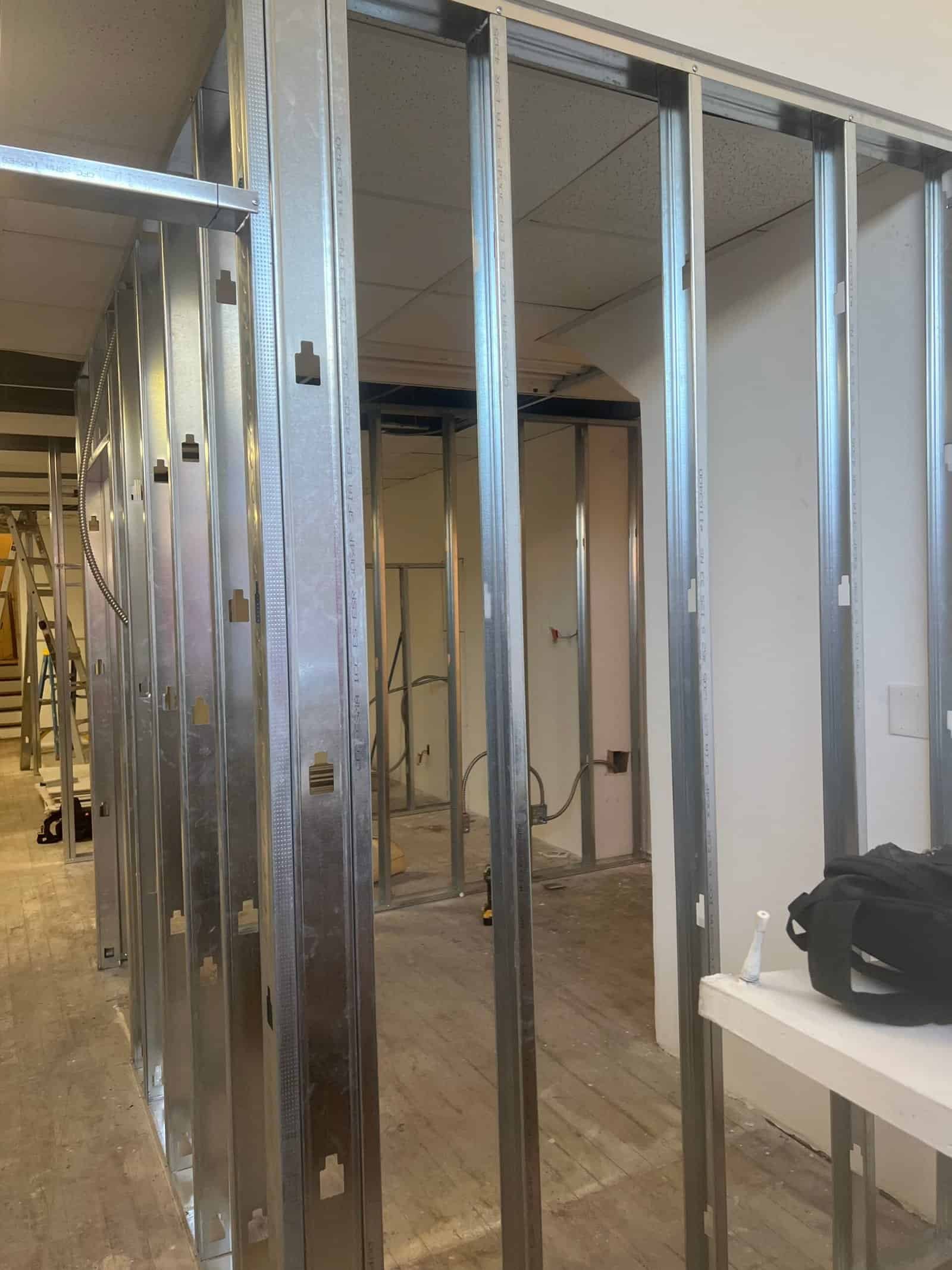 Metal stud framing in commercial construction under renovation.